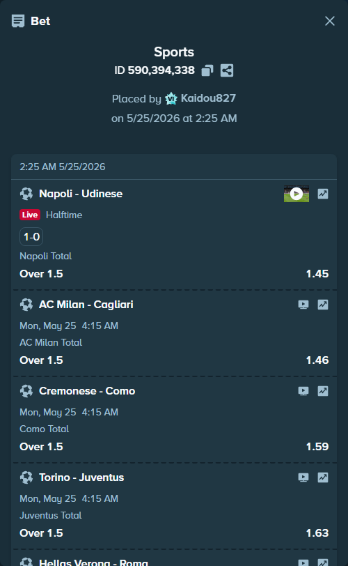 Bet slip: AC Milan - Cagliari, $11,160.00 stake at 1.46 odds, placed by Kaidou827