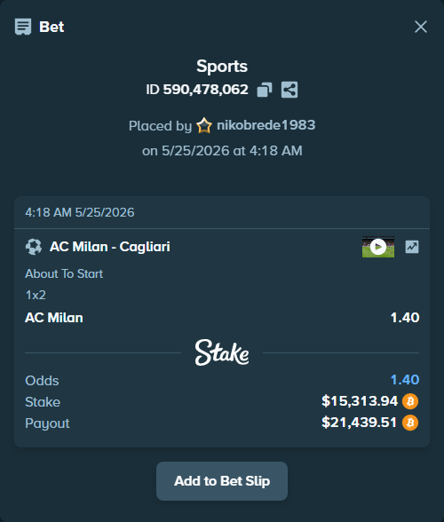 Bet slip: AC Milan - Cagliari, $12,866.00 stake at 1.40 odds, placed by nikobrede1983