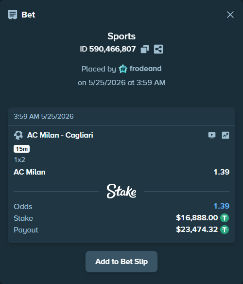 Bet slip: AC Milan - Cagliari, $16,888.00 stake at 1.39 odds, placed by frodeand