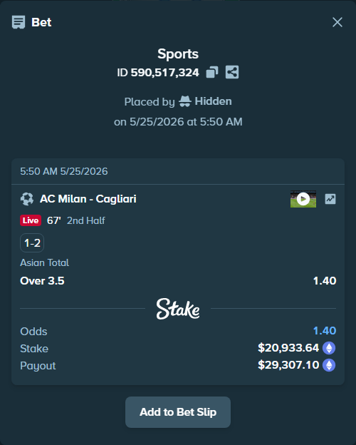 Bet slip: AC Milan - Cagliari, $17,343.20 stake at 1.40 odds, placed by Hidden