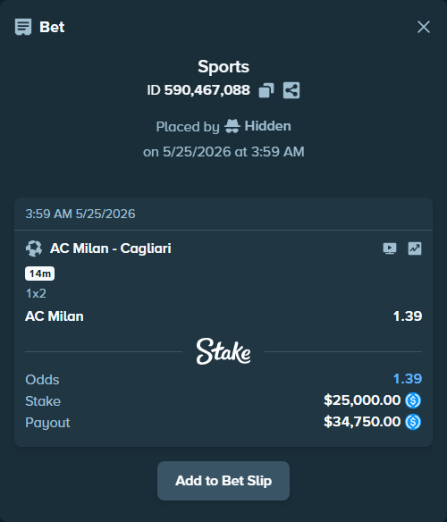 Bet slip: AC Milan - Cagliari, $25,000.00 stake at 1.39 odds, placed by Hidden