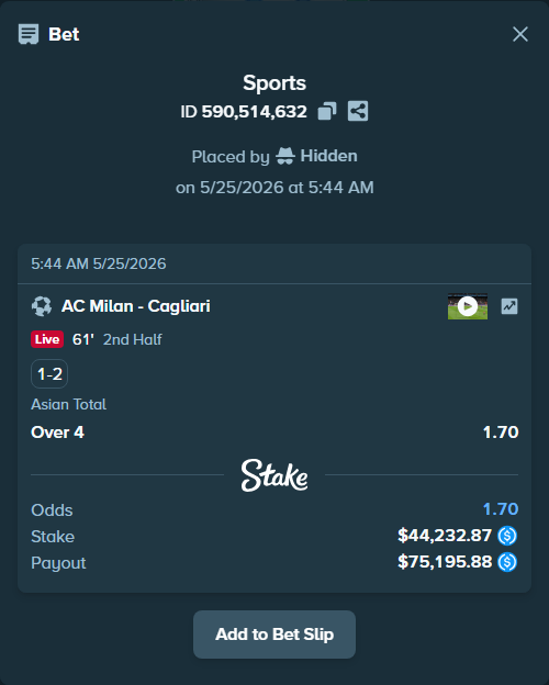 Bet slip: AC Milan - Cagliari, $44,232.87 stake at 1.70 odds, placed by Hidden