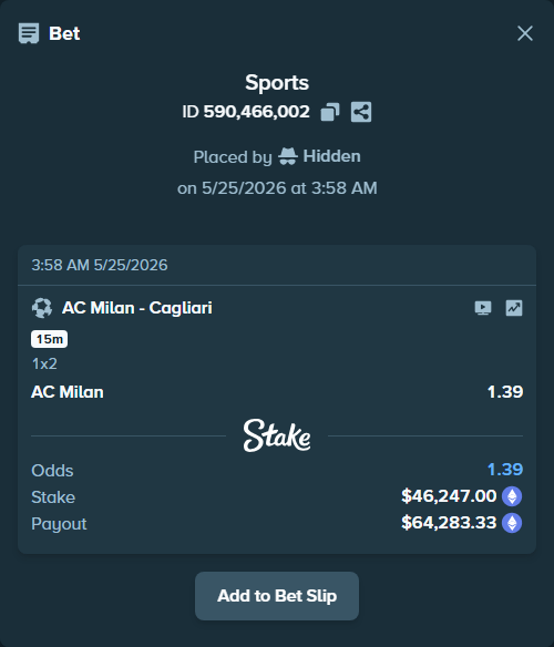 Bet slip: AC Milan - Cagliari, $38,170.56 stake at 1.39 odds, placed by Hidden
