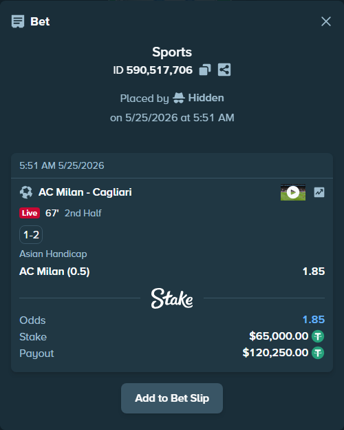 Bet slip: AC Milan - Cagliari, $65,000.00 stake at 1.85 odds, placed by Hidden