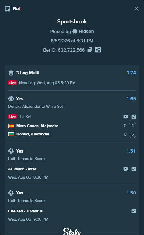 Bet slip: AC Milan - Inter, $16,023.98 stake at 1.51 odds, placed by Hidden