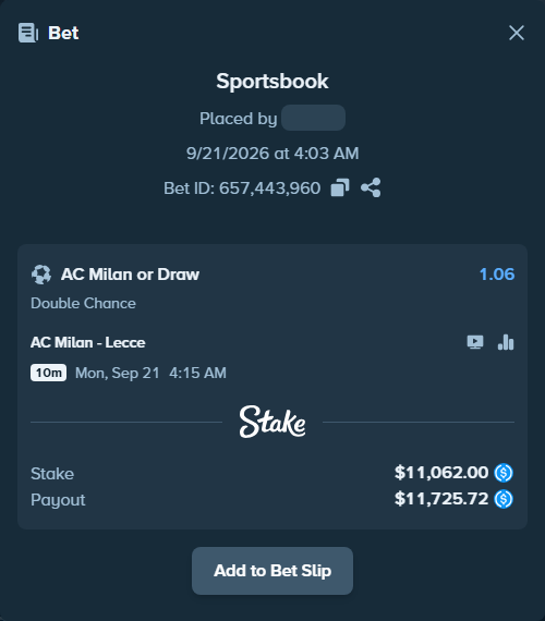 Bet slip: AC Milan - Lecce, $11,062.00 stake at 1.06 odds, placed by joarug
