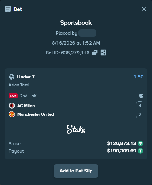 Bet slip: AC Milan - Manchester United, $127,000.00 stake at 1.50 odds, placed by ayoflasher