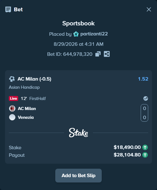 Bet slip: AC Milan - Venezia FC, $18,490.00 stake at 1.52 odds, placed by partizanti22