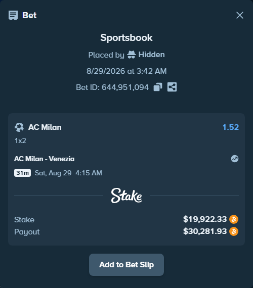 Bet slip: AC Milan - Venezia FC, $19,904.26 stake at 1.52 odds, placed by Hidden