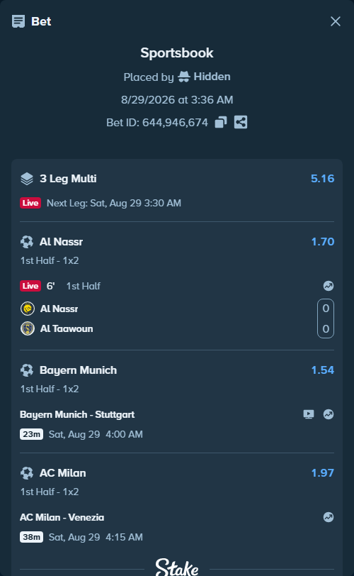 Bet slip: AC Milan - Venezia FC, $20,000.00 stake at 1.97 odds, placed by Hidden