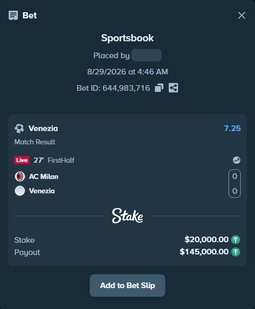 Bet slip: AC Milan - Venezia FC, $20,000.00 stake at 7.25 odds, placed by ayoflasher