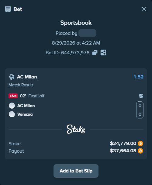 Bet slip: AC Milan - Venezia FC, $24,880.94 stake at 1.52 odds, placed by Espnik
