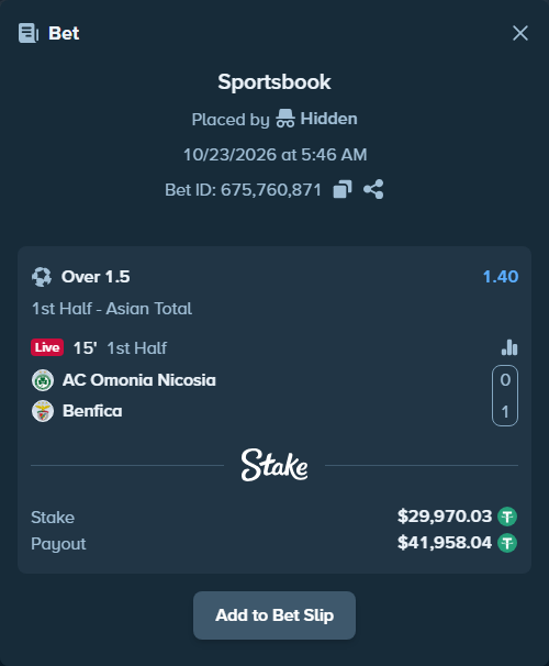 Bet slip: AC Omonia Nicosia - Benfica, $30,000.00 stake at 1.40 odds, placed by Jackpoor
