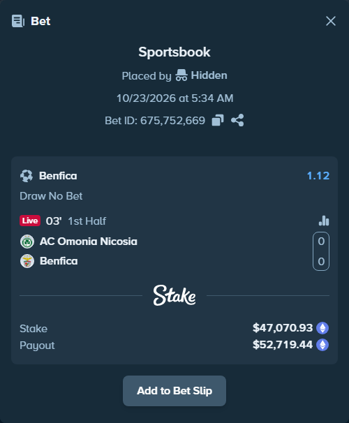Bet slip: AC Omonia Nicosia - Benfica, $47,561.23 stake at 1.12 odds, placed by Coco43pl