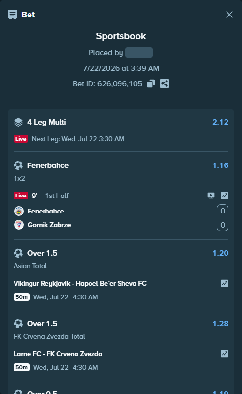 Bet slip: AC Omonia Nicosia - FC Kairat Almaty, $10,000.00 stake at 1.19 odds, placed by RichHalif