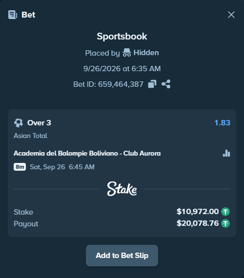 Bet slip: Academia del Balompie Boliviano - Club Aurora, $10,972.00 stake at 1.83 odds, placed by tlwns4736