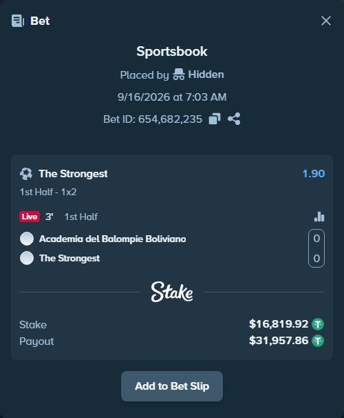 Bet slip: Academia del Balompie Boliviano - The Strongest, $16,836.74 stake at 1.90 odds, placed by Hidden