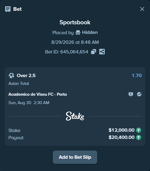 Bet slip: Academico de Viseu FC - Porto, $12,000.00 stake at 1.70 odds, placed by Hidden