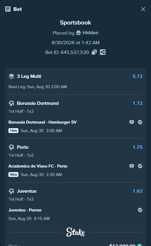 Bet slip: Academico de Viseu FC - Porto, $13,000.00 stake at 1.75 odds, placed by Hidden