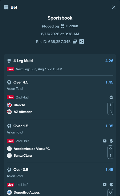 Bet slip: Academico de Viseu FC - Santa Clara, $165,165.00 stake at 1.35 odds, placed by Hidden