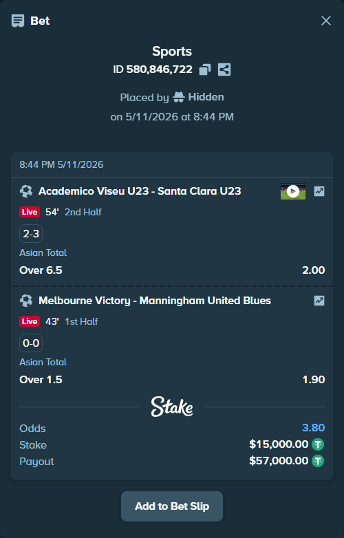 Bet slip: Academico Viseu - Santa Clara, $15,000.00 stake at 2.00 odds, placed by Hidden