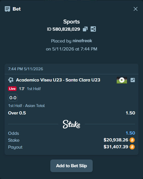 Bet slip: Academico Viseu - Santa Clara, $16,597.96 stake at 1.50 odds, placed by ninafreak