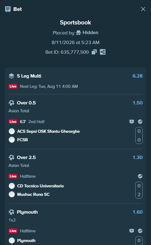 Bet slip: ACS Sepsi OSK Sfantu Gheorghe - FCSB, $15,758.74 stake at 1.50 odds, placed by Hidden