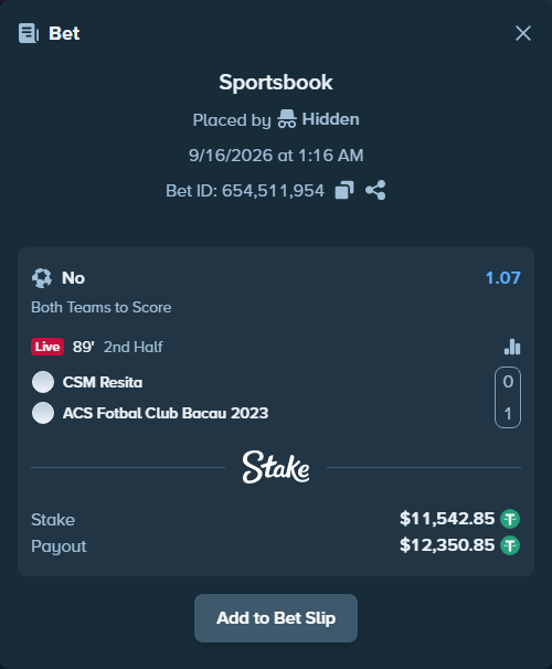 Bet slip: ACSM Resita - ACS FC Bacau, $11,554.39 stake at 1.07 odds, placed by Hidden