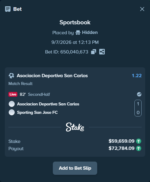 Bet slip: AD San Carlos - Sporting FC, $59,659.09 stake at 1.22 odds, placed by Hidden