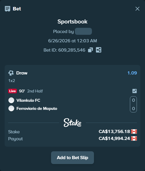 Bet slip: AD Vilankulo - Ferroviario de Maputo, $10,179.57 stake at 1.09 odds, placed by DZertwarrior18