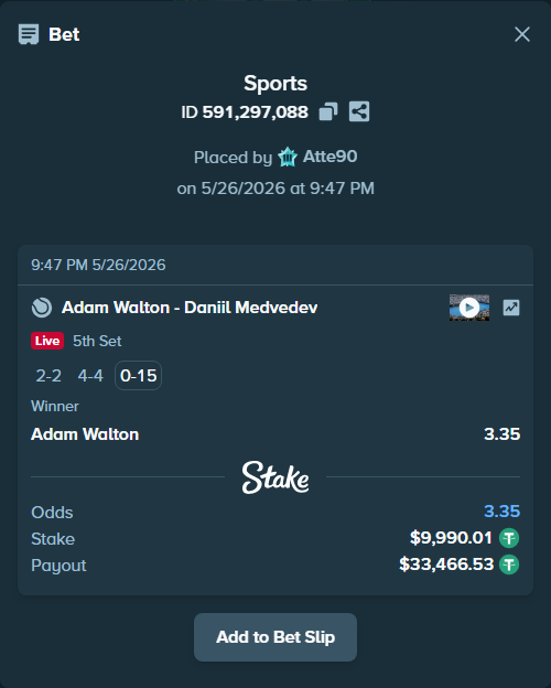 Bet slip: Adam Walton - Daniil Medvedev, $10,000.00 stake at 3.35 odds, placed by Atte90