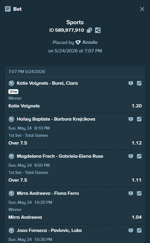 Bet slip: Adam Walton - Daniil Medvedev, $125,000.00 stake at 1.03 odds, placed by Azuulu