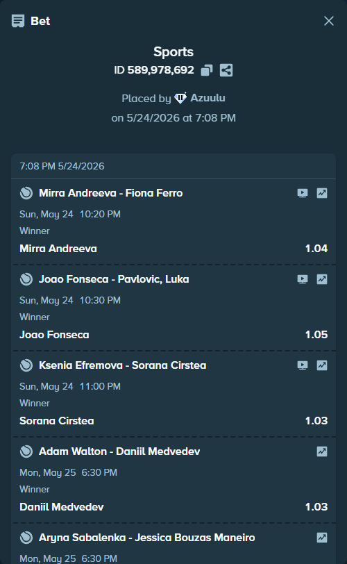 Bet slip: Adam Walton - Daniil Medvedev, $25,765.66 stake at 1.03 odds, placed by Azuulu
