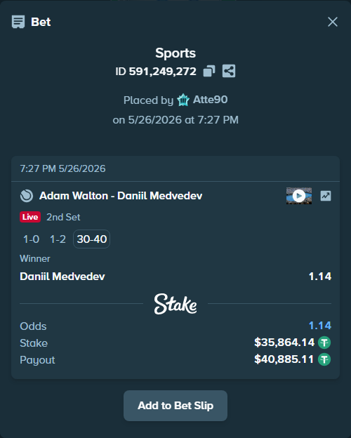 Bet slip: Adam Walton - Daniil Medvedev, $35,900.00 stake at 1.14 odds, placed by Atte90