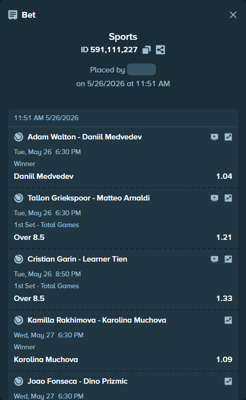Bet slip: Adam Walton - Daniil Medvedev, $45,661.25 stake at 1.04 odds, placed by Azuulu