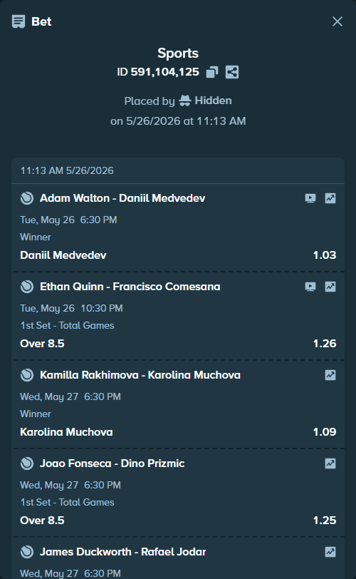 Bet slip: Adam Walton - Daniil Medvedev, $49,859.08 stake at 1.03 odds, placed by Hidden