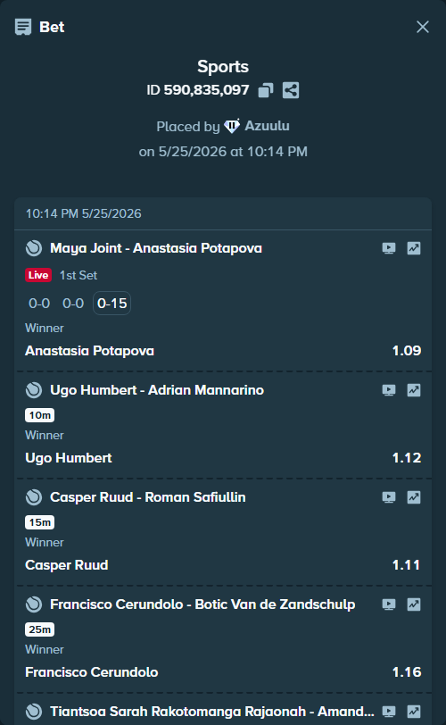 Bet slip: Adam Walton - Daniil Medvedev, $69,277.71 stake at 1.03 odds, placed by Azuulu