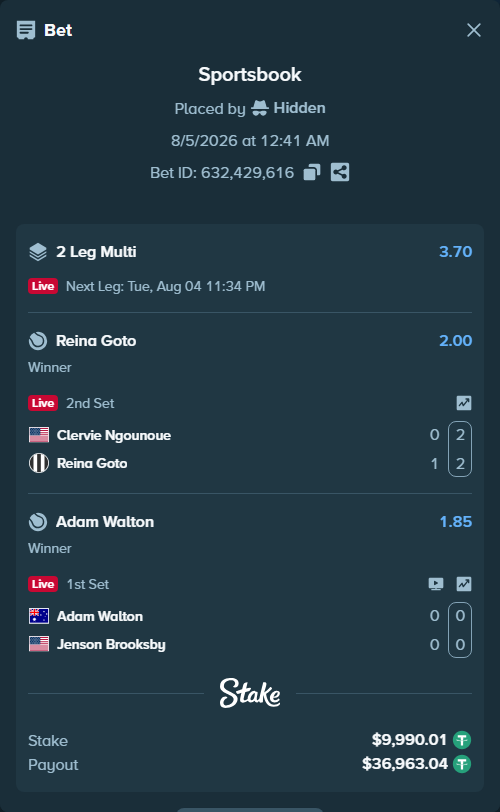 Bet slip: Adam Walton - Jenson Brooksby, $10,000.00 stake at 1.85 odds, placed by Hidden