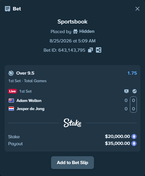 Bet slip: Adam Walton - Jesper de Jong, $20,110.38 stake at 1.75 odds, placed by Hidden
