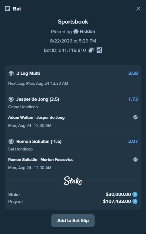 Bet slip: Adam Walton - Jesper de Jong, $30,000.00 stake at 1.73 odds, placed by Hidden