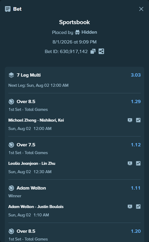 Bet slip: Adam Walton - Justin Boulais, $100,100.00 stake at 1.11 odds, placed by Hidden