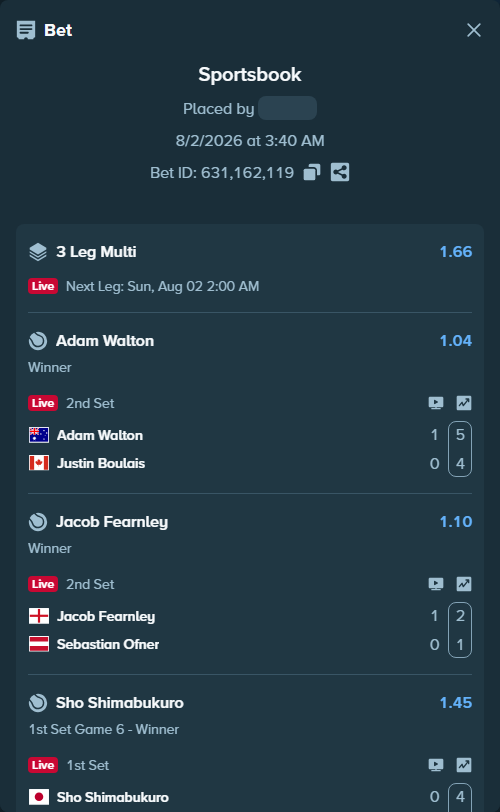 Bet slip: Adam Walton - Justin Boulais, $17,794.78 stake at 1.04 odds, placed by Jan4iks