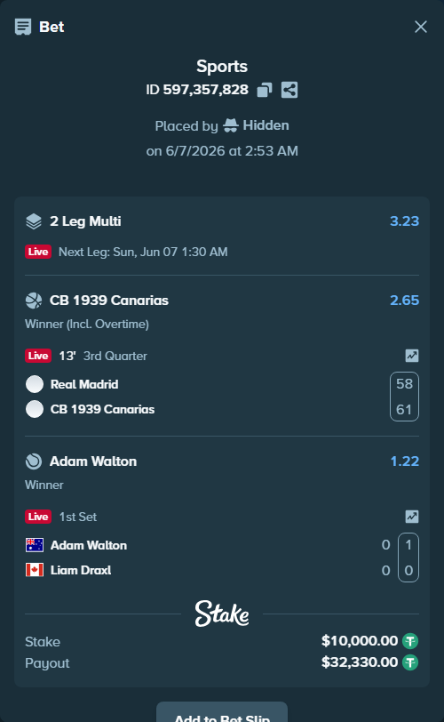 Bet slip: Adam Walton - Liam Draxl, $10,000.00 stake at 1.22 odds, placed by Hidden
