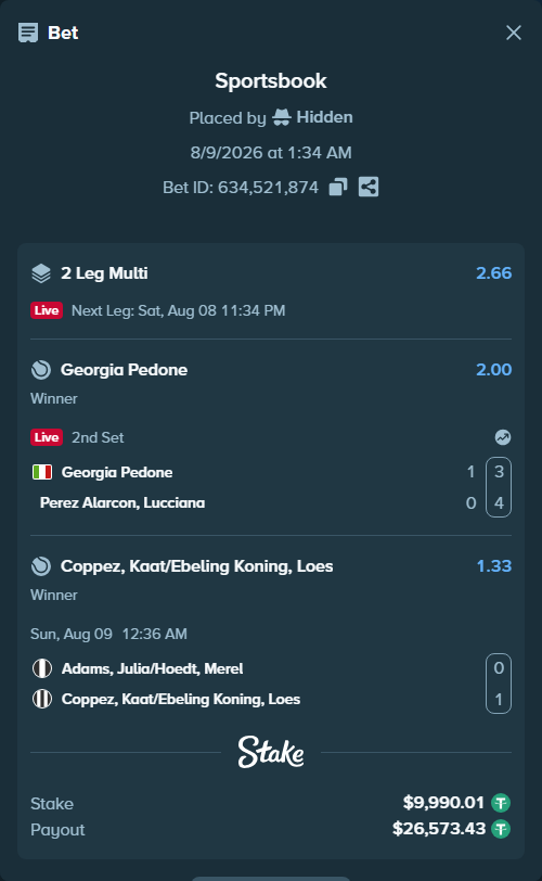 Bet slip: Adams, Julia/Hoedt, Merel - Coppez, Kaat/Ebeling Koning, Loes, $10,000.00 stake at 1.33 odds, placed by Hidden