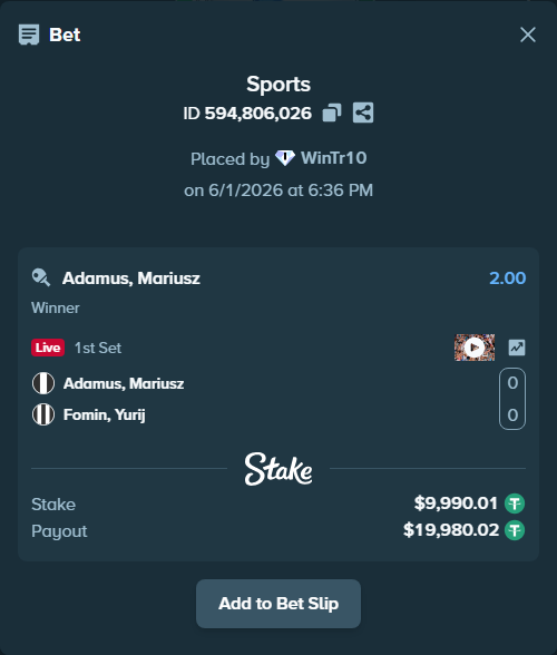 Bet slip: Adamus, Mariusz - Fomin, Yurij, $10,000.00 stake at 2.00 odds, placed by WinTr10