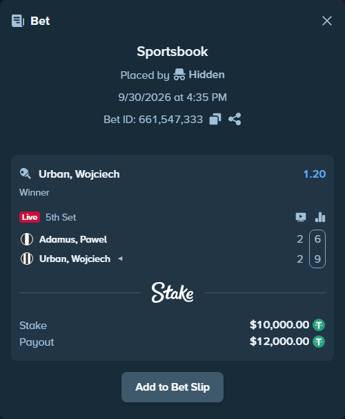 Bet slip: Adamus, Pawel - Urban, Wojciech, $10,000.00 stake at 1.20 odds, placed by Hidden