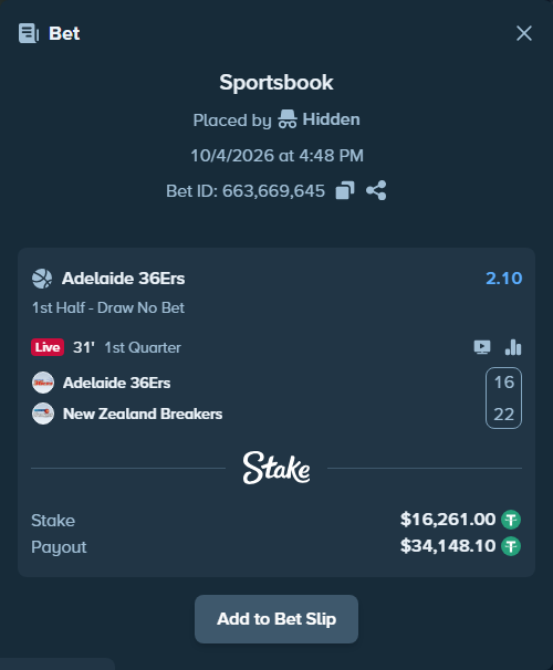 Bet slip: Adelaide 36ers - New Zealand Breakers, $16,261.00 stake at 2.10 odds, placed by Hidden