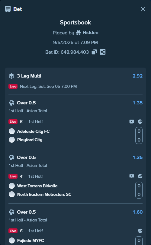 Bet slip: Adelaide City FC - Playford City, $14,433.31 stake at 1.35 odds, placed by Hidden