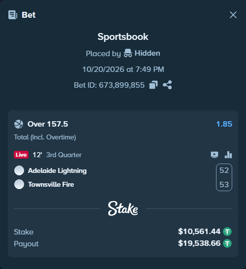 Bet slip: Adelaide Lightning - Townsville Fire, $10,572.00 stake at 1.85 odds, placed by Kriski99