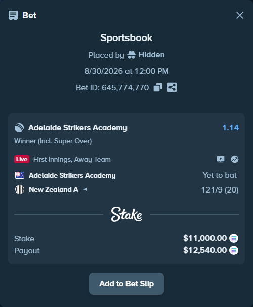 Bet slip: Adelaide Strikers Academy - New Zealand A, $10,917.21 stake at 1.14 odds, placed by Hidden